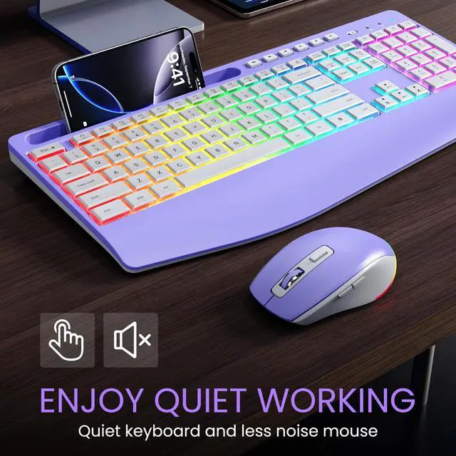 Alt view image 7 of 7 - Wireless Keyboard and Mouse Combo- 2.4G Rechargeable Keyboard with Phone Holder, Ergonomic Wrist Rest, 9 RGB Backlit Effects, Silent Keyboard Mouse Set for Windows, Laptop, PC