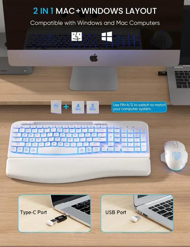 Alt view image 7 of 7 - Wireless Keyboard and Mouse Combo, Ergonomic Wave with Wrist Rest