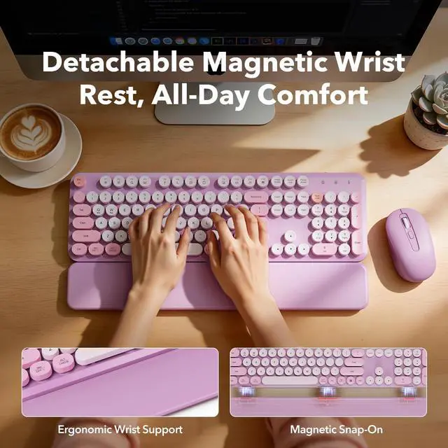 Alt view image 2 of 7 - Wireless Keyboard Mouse Combo, Purple, Round Keycaps, Magnetic Wrist Rest