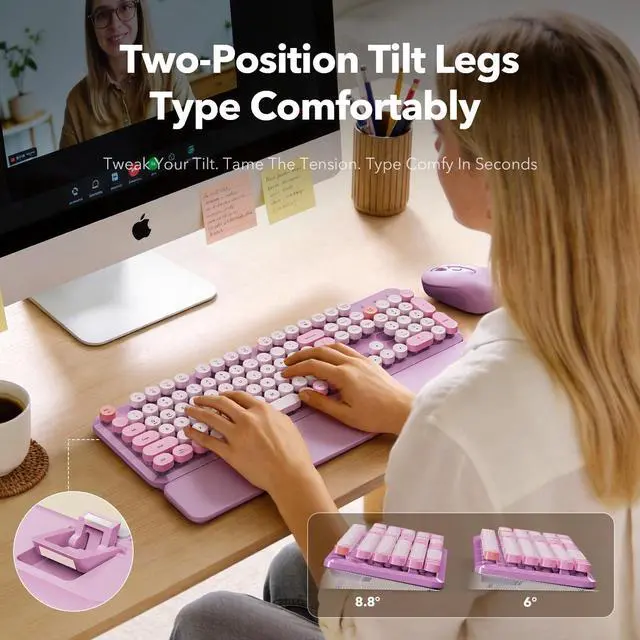 Alt view image 4 of 7 - Wireless Keyboard Mouse Combo, Purple, Round Keycaps, Magnetic Wrist Rest