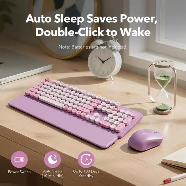 Alt view image 5 of 7 - Wireless Keyboard Mouse Combo, Purple, Round Keycaps, Magnetic Wrist Rest
