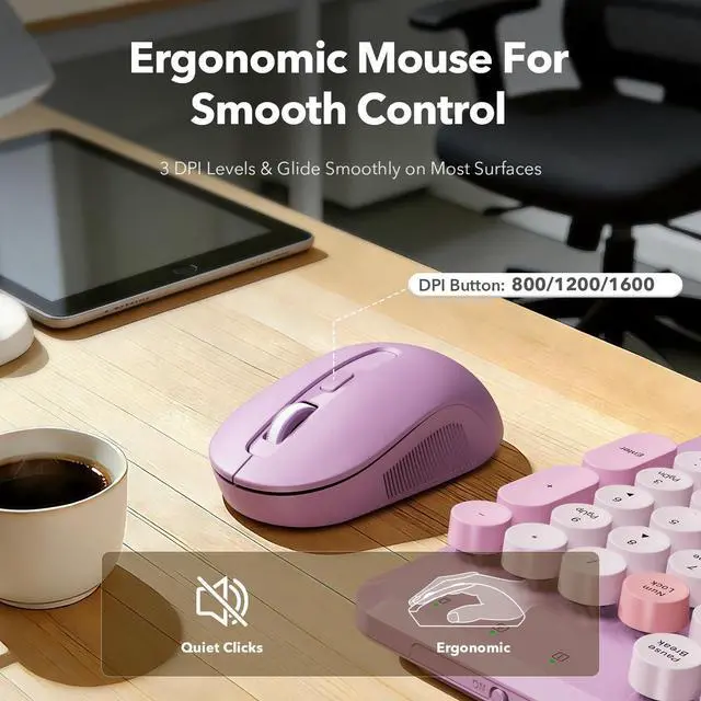 Alt view image 6 of 7 - Wireless Keyboard Mouse Combo, Purple, Round Keycaps, Magnetic Wrist Rest