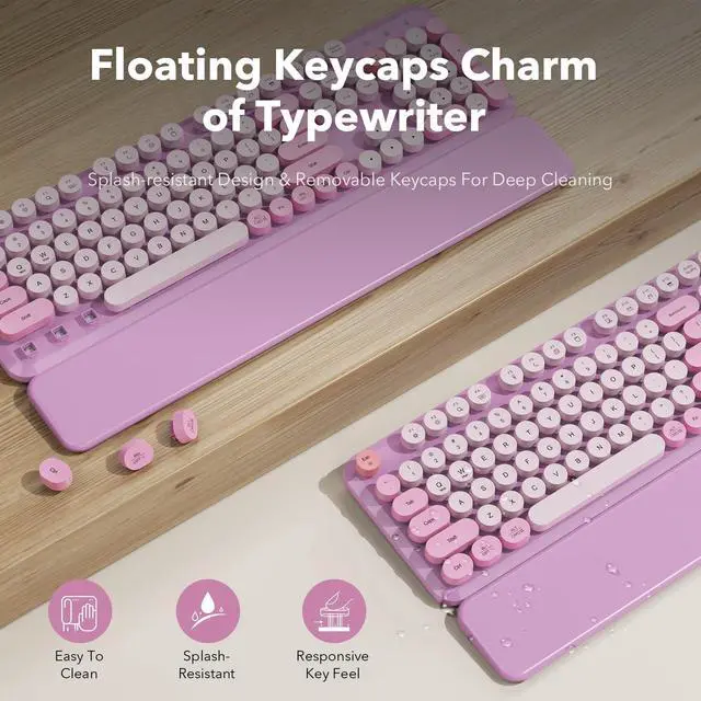 Alt view image 3 of 7 - Wireless Keyboard Mouse Combo, Purple, Round Keycaps, Magnetic Wrist Rest