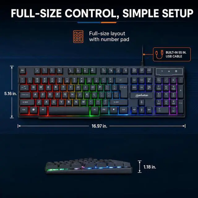 Alt view image 3 of 7 - MANHATTAN RGB LED USB Gaming Keyboard - Full Size, Rainbow Backlight, Spill-Resistant, Quiet Keystrokes, 12 Multimedia Function Keys, for Computer, PC, Desktop, Gamer 3 Yr Mfg Warranty - 180603