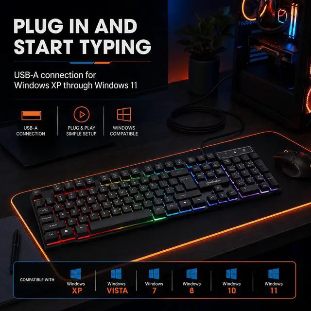 Alt view image 5 of 7 - MANHATTAN RGB LED USB Gaming Keyboard - Full Size, Rainbow Backlight, Spill-Resistant, Quiet Keystrokes, 12 Multimedia Function Keys, for Computer, PC, Desktop, Gamer 3 Yr Mfg Warranty - 180603
