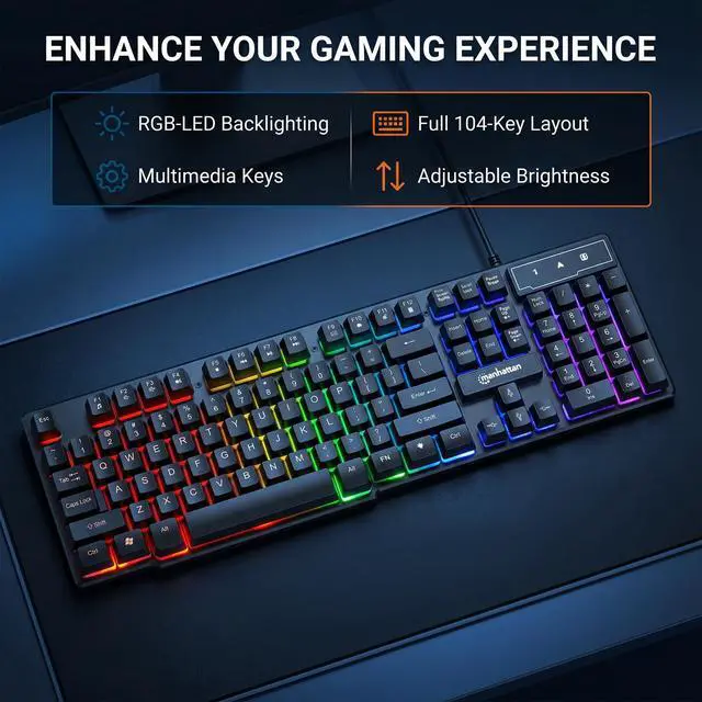 Alt view image 2 of 7 - MANHATTAN RGB LED USB Gaming Keyboard - Full Size, Rainbow Backlight, Spill-Resistant, Quiet Keystrokes, 12 Multimedia Function Keys, for Computer, PC, Desktop, Gamer 3 Yr Mfg Warranty - 180603