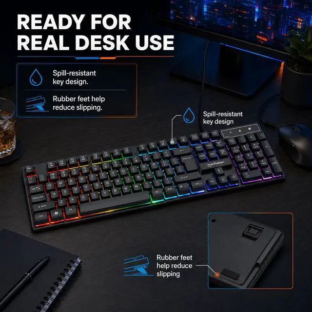 Alt view image 7 of 7 - MANHATTAN RGB LED USB Gaming Keyboard - Full Size, Rainbow Backlight, Spill-Resistant, Quiet Keystrokes, 12 Multimedia Function Keys, for Computer, PC, Desktop, Gamer 3 Yr Mfg Warranty - 180603