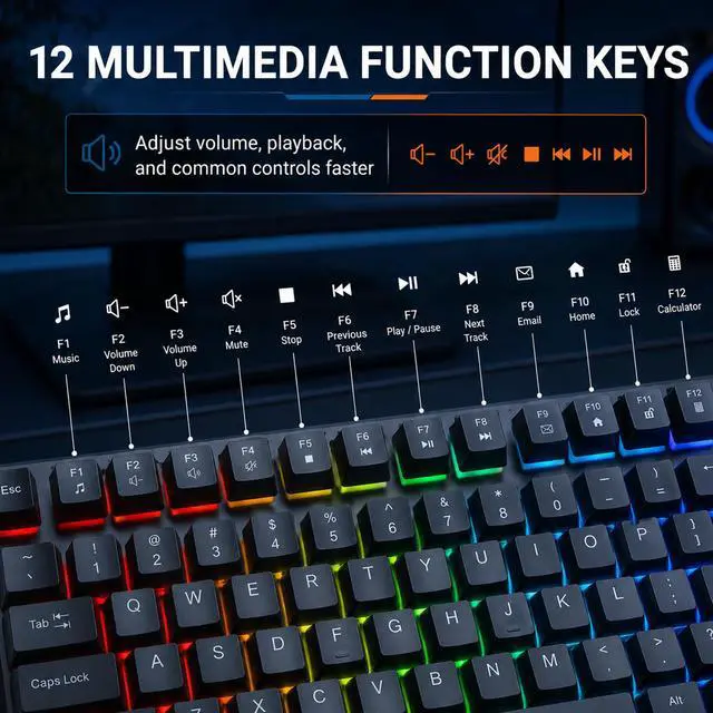 Alt view image 4 of 7 - MANHATTAN RGB LED USB Gaming Keyboard - Full Size, Rainbow Backlight, Spill-Resistant, Quiet Keystrokes, 12 Multimedia Function Keys, for Computer, PC, Desktop, Gamer 3 Yr Mfg Warranty - 180603