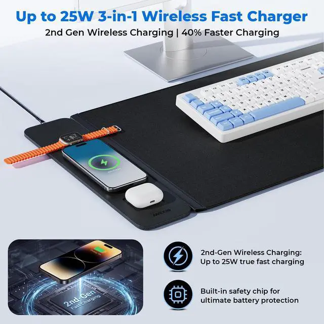Alt view image 2 of 7 - 2nd Gen Wireless Charging Desk Mat, 3-in-1 Magnetic Mouse Pad