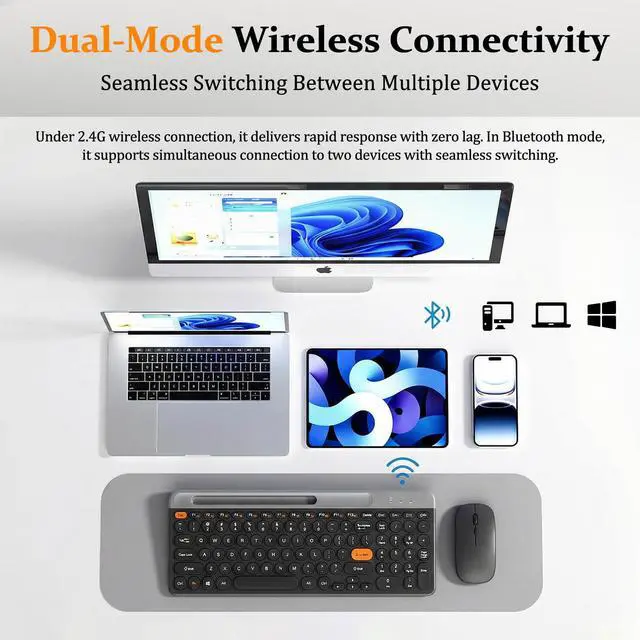Alt view image 3 of 7 - Bluetooth Keyboard Mouse Combo, Dual Multi-Device Wireless Keyboard with Phone Holder, Ultra-Compact 78-Key Layout, Quiet Keys & Rechargeable, for Windows PC Laptop (Black)