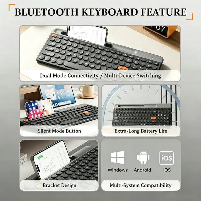 Alt view image 2 of 7 - Bluetooth Keyboard Mouse Combo, Dual Multi-Device Wireless Keyboard with Phone Holder, Ultra-Compact 78-Key Layout, Quiet Keys & Rechargeable, for Windows PC Laptop (Black)