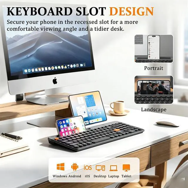 Alt view image 6 of 7 - Bluetooth Keyboard Mouse Combo, Dual Multi-Device Wireless Keyboard with Phone Holder, Ultra-Compact 78-Key Layout, Quiet Keys & Rechargeable, for Windows PC Laptop (Black)