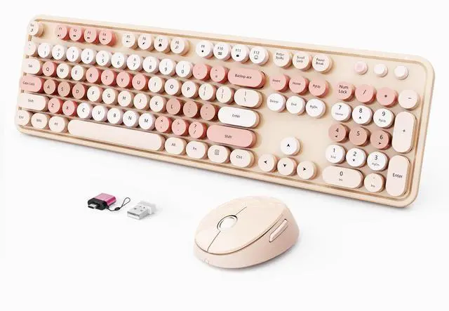 Main image of Wireless Keyboard and Mouse Combo, Ergonomic Full Size Typewriter Retro Round Keycaps Keyboard, Compatible with Windows, PC, Perfer for Home and Office Keyboards (Chocolate Color)