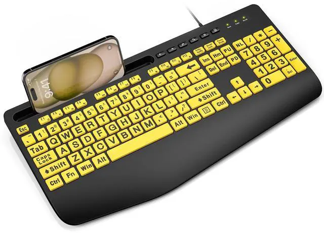 Main image of Large Print Keyboard Wired Computer Keyboards with Wrist Rest, Phone Holder, Big Letters Easy to Read Compatible Windows, Desktop, Laptop, Yellow