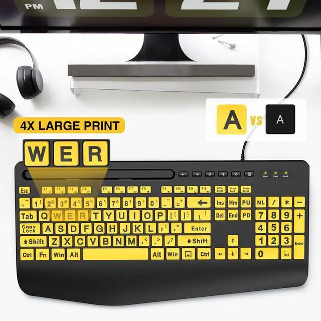 Alt view image 2 of 7 - Large Print Keyboard Wired Computer Keyboards with Wrist Rest, Phone Holder, Big Letters Easy to Read Compatible Windows, Desktop, Laptop, Yellow