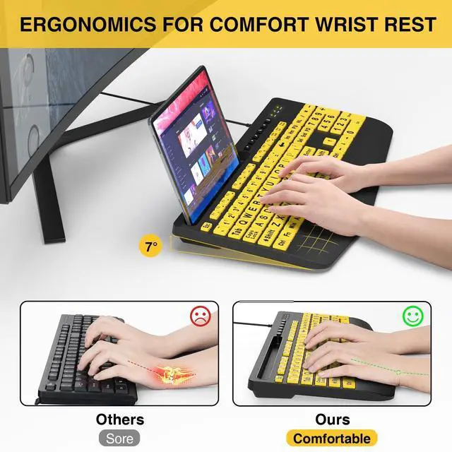 Alt view image 3 of 7 - Large Print Keyboard Wired Computer Keyboards with Wrist Rest, Phone Holder, Big Letters Easy to Read Compatible Windows, Desktop, Laptop, Yellow