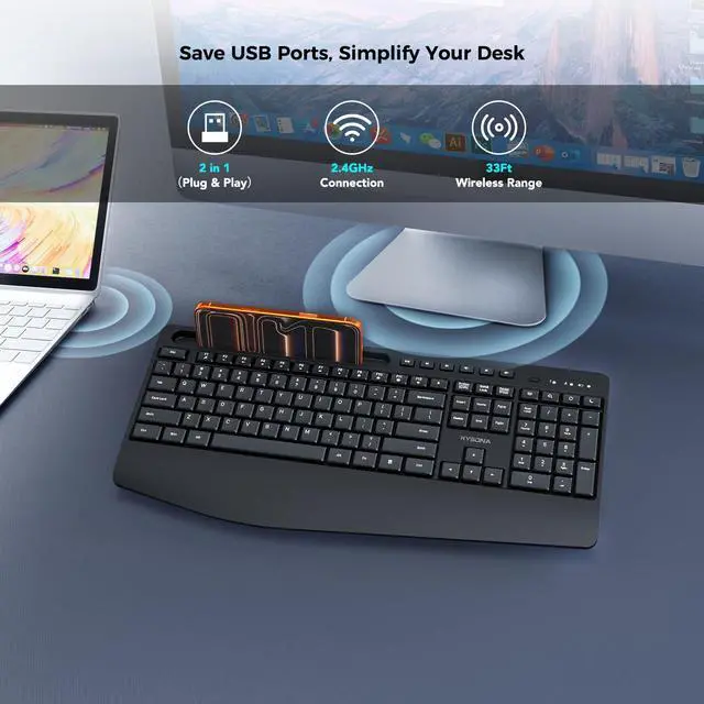 Alt view image 3 of 6 - 5th Gen Wireless Keyboard, 2.4G Full-Sized Cordless Ergonomic Keyboard with Wrist Rest, Phone ipad Holder, Adjustable Angle, Compatible with Laptop/PC/Mac/Windows, Black