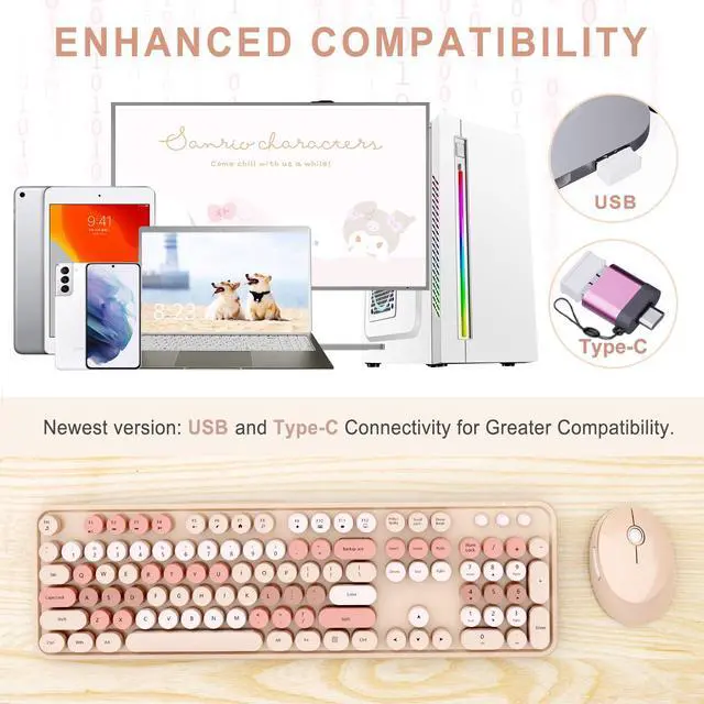 Alt view image 2 of 7 - Wireless Keyboard and Mouse Combo, Ergonomic Full Size Typewriter Retro Round Keycaps Keyboard, Compatible with Windows, PC, Perfer for Home and Office Keyboards (Chocolate Color)