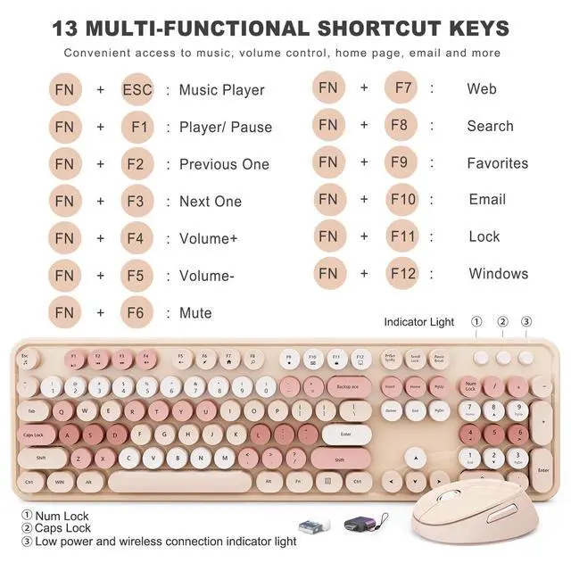Alt view image 4 of 7 - Wireless Keyboard and Mouse Combo, Ergonomic Full Size Typewriter Retro Round Keycaps Keyboard, Compatible with Windows, PC, Perfer for Home and Office Keyboards (Chocolate Color)