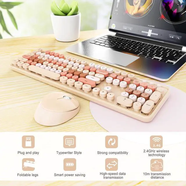 Alt view image 3 of 7 - Wireless Keyboard and Mouse Combo, Ergonomic Full Size Typewriter Retro Round Keycaps Keyboard, Compatible with Windows, PC, Perfer for Home and Office Keyboards (Chocolate Color)
