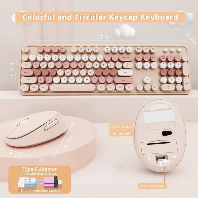 Alt view image 5 of 7 - Wireless Keyboard and Mouse Combo, Ergonomic Full Size Typewriter Retro Round Keycaps Keyboard, Compatible with Windows, PC, Perfer for Home and Office Keyboards (Chocolate Color)