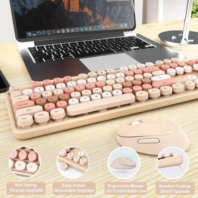 Alt view image 6 of 7 - Wireless Keyboard and Mouse Combo, Ergonomic Full Size Typewriter Retro Round Keycaps Keyboard, Compatible with Windows, PC, Perfer for Home and Office Keyboards (Chocolate Color)