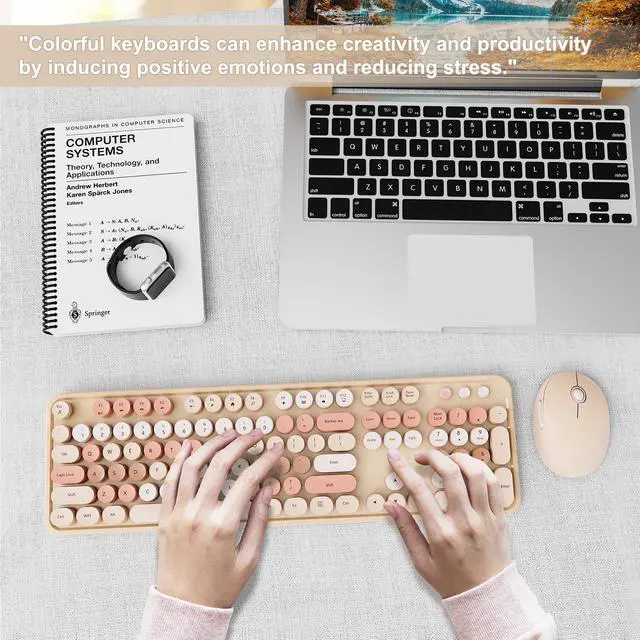 Alt view image 7 of 7 - Wireless Keyboard and Mouse Combo, Ergonomic Full Size Typewriter Retro Round Keycaps Keyboard, Compatible with Windows, PC, Perfer for Home and Office Keyboards (Chocolate Color)