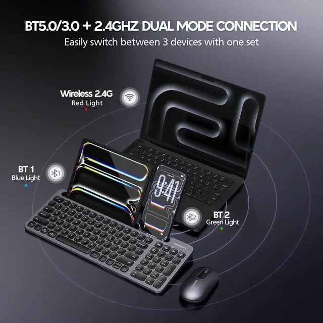 Alt view image 3 of 7 - Bluetooth+2.4G USB Wireless Keyboard and Mouse Combo with Tablet Holder for Tablet Quiet Compatible with PC Desktop Mac Laptop Gray (Grey)