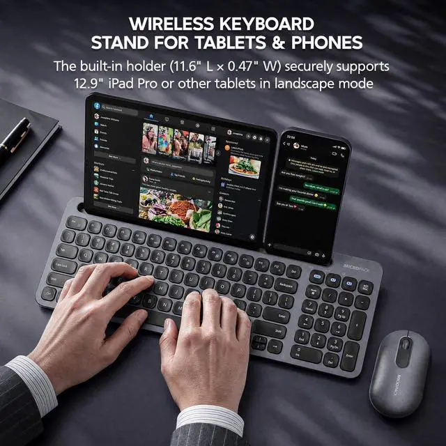 Alt view image 4 of 7 - Bluetooth+2.4G USB Wireless Keyboard and Mouse Combo with Tablet Holder for Tablet Quiet Compatible with PC Desktop Mac Laptop Gray (Grey)
