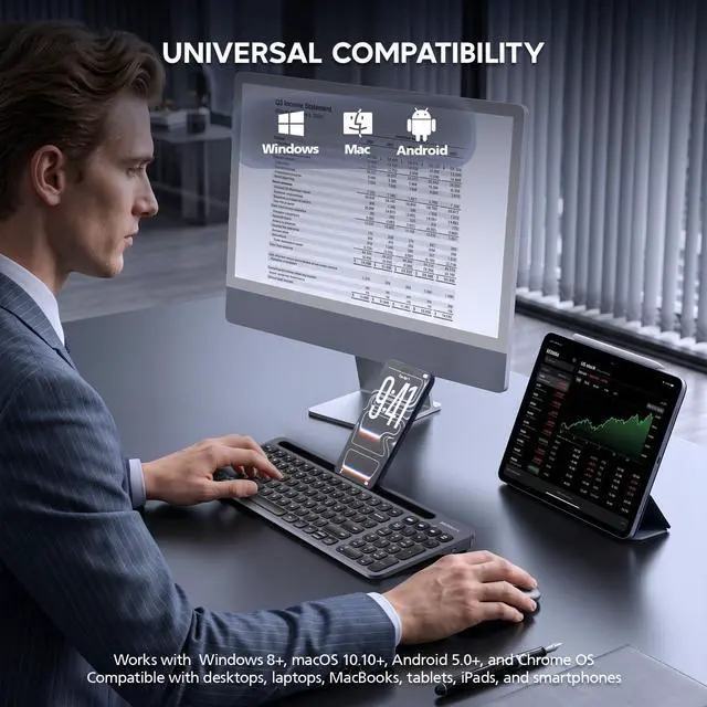 Alt view image 7 of 7 - Bluetooth+2.4G USB Wireless Keyboard and Mouse Combo with Tablet Holder for Tablet Quiet Compatible with PC Desktop Mac Laptop Gray (Grey)