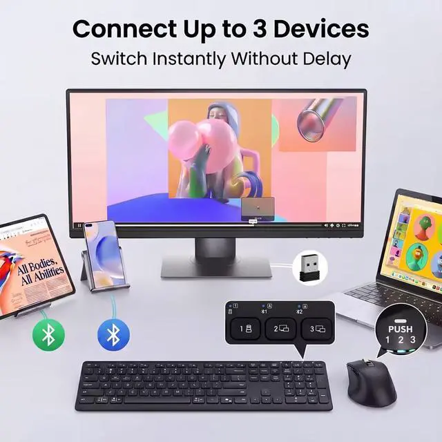 Alt view image 2 of 7 - Wireless Keyboard and Mouse Combo, Multi-Device, Silent (Black)