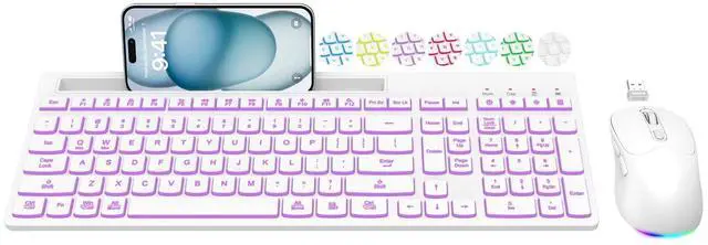Main image of Wireless Keyboard and Mouse Combo, 7 Backlit Effects, Light Up Letters, Rechargeable, Phone Holder, 6 Button Mouse, Ergonomic Tilt Angle, 2.4GHz Silent USB Keyboard Mouse for Laptop, PC