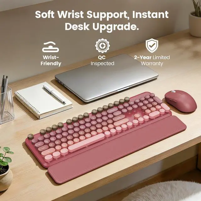 Alt view image 2 of 7 - Wireless Keyboard and Mouse Combo, Magnetic Soft-Touch Wrist Rest, Round Keycaps, Full-Size Retro Typewriter Keyboard, 2-Stage Tilt Legs, Auto Sleep, 2.4GHz Cordless for Windows PC, Rose Pink Ombre