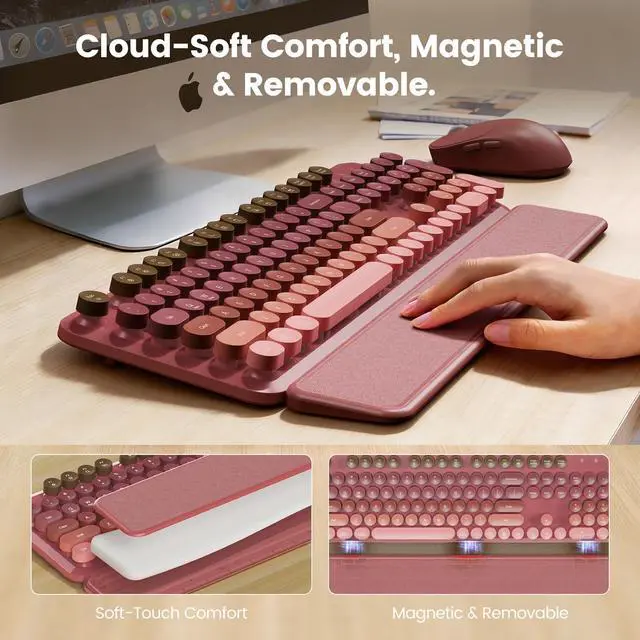 Alt view image 3 of 7 - Wireless Keyboard and Mouse Combo, Magnetic Soft-Touch Wrist Rest, Round Keycaps, Full-Size Retro Typewriter Keyboard, 2-Stage Tilt Legs, Auto Sleep, 2.4GHz Cordless for Windows PC, Rose Pink Ombre
