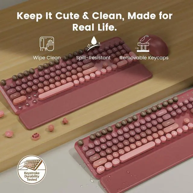Alt view image 4 of 7 - Wireless Keyboard and Mouse Combo, Magnetic Soft-Touch Wrist Rest, Round Keycaps, Full-Size Retro Typewriter Keyboard, 2-Stage Tilt Legs, Auto Sleep, 2.4GHz Cordless for Windows PC, Rose Pink Ombre