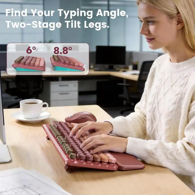 Alt view image 5 of 7 - Wireless Keyboard and Mouse Combo, Magnetic Soft-Touch Wrist Rest, Round Keycaps, Full-Size Retro Typewriter Keyboard, 2-Stage Tilt Legs, Auto Sleep, 2.4GHz Cordless for Windows PC, Rose Pink Ombre