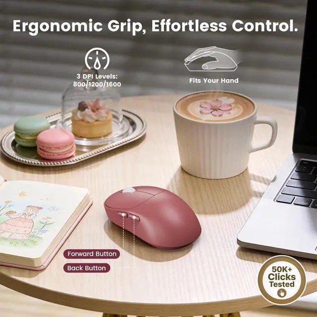 Alt view image 6 of 7 - Wireless Keyboard and Mouse Combo, Magnetic Soft-Touch Wrist Rest, Round Keycaps, Full-Size Retro Typewriter Keyboard, 2-Stage Tilt Legs, Auto Sleep, 2.4GHz Cordless for Windows PC, Rose Pink Ombre