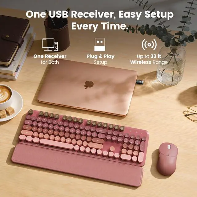 Alt view image 7 of 7 - Wireless Keyboard and Mouse Combo, Magnetic Soft-Touch Wrist Rest, Round Keycaps, Full-Size Retro Typewriter Keyboard, 2-Stage Tilt Legs, Auto Sleep, 2.4GHz Cordless for Windows PC, Rose Pink Ombre