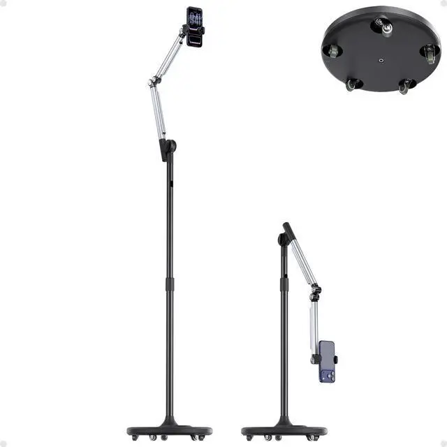 Main image of Floor Phone Stand for Recording, Overhead Phone Mount with Wheels and Weight Base, Free Rotation Aluminum Digital Heavy Duty Stand with Adjustable Angles & Height for Content Creation