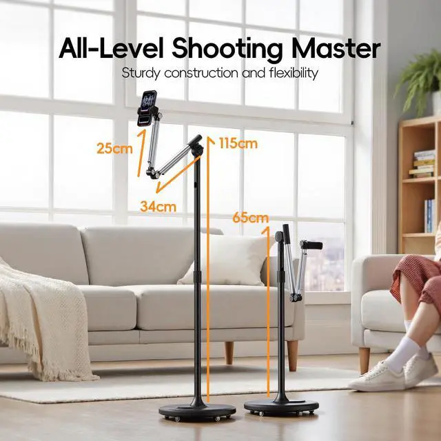 Alt view image 2 of 7 - Floor Phone Stand for Recording, Overhead Phone Mount with Wheels and Weight Base, Free Rotation Aluminum Digital Heavy Duty Stand with Adjustable Angles & Height for Content Creation