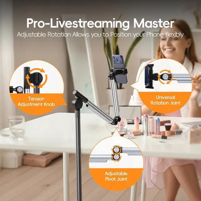 Alt view image 6 of 7 - Floor Phone Stand for Recording, Overhead Phone Mount with Wheels and Weight Base, Free Rotation Aluminum Digital Heavy Duty Stand with Adjustable Angles & Height for Content Creation