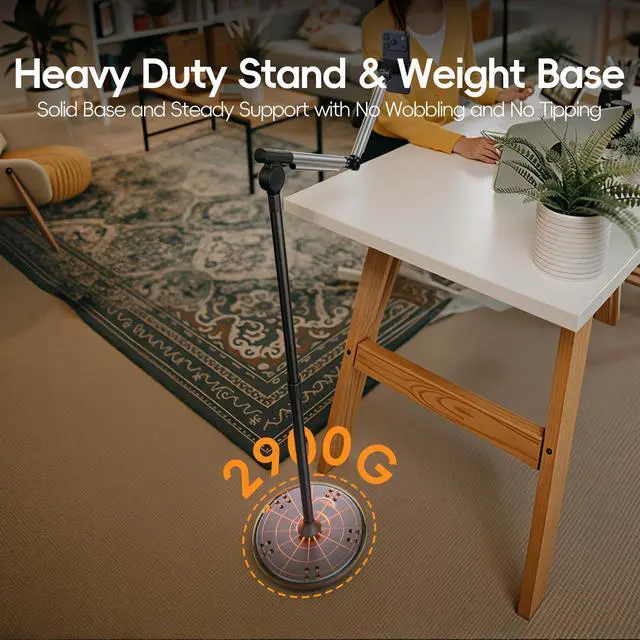 Alt view image 7 of 7 - Floor Phone Stand for Recording, Overhead Phone Mount with Wheels and Weight Base, Free Rotation Aluminum Digital Heavy Duty Stand with Adjustable Angles & Height for Content Creation
