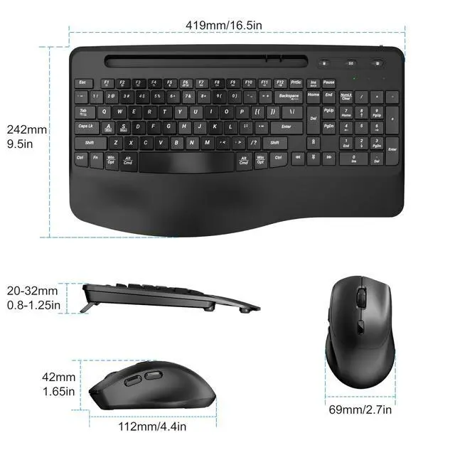 Alt view image 6 of 6 - Wireless Keyboard and Mouse Ergonomic Combo, 2.4G Rechargable Full-Sized Quiet Wave Keyboard Silent Mice Set with Wrist Rest and Phone Holder for Computer, Laptop, PC, Mac, Windows - Black