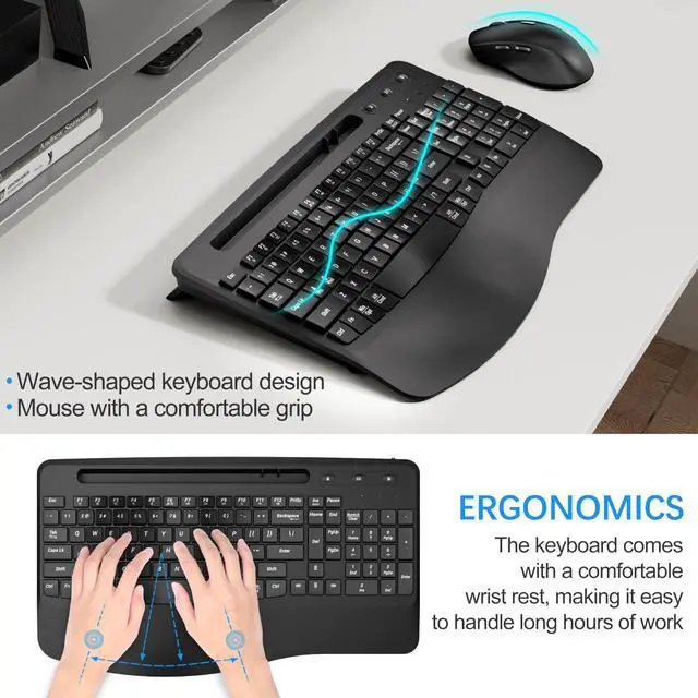 Alt view image 2 of 6 - Wireless Keyboard and Mouse Ergonomic Combo, 2.4G Rechargable Full-Sized Quiet Wave Keyboard Silent Mice Set with Wrist Rest and Phone Holder for Computer, Laptop, PC, Mac, Windows - Black
