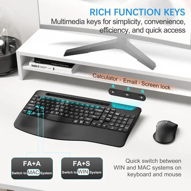 Alt view image 4 of 6 - Wireless Keyboard and Mouse Ergonomic Combo, 2.4G Rechargable Full-Sized Quiet Wave Keyboard Silent Mice Set with Wrist Rest and Phone Holder for Computer, Laptop, PC, Mac, Windows - Black
