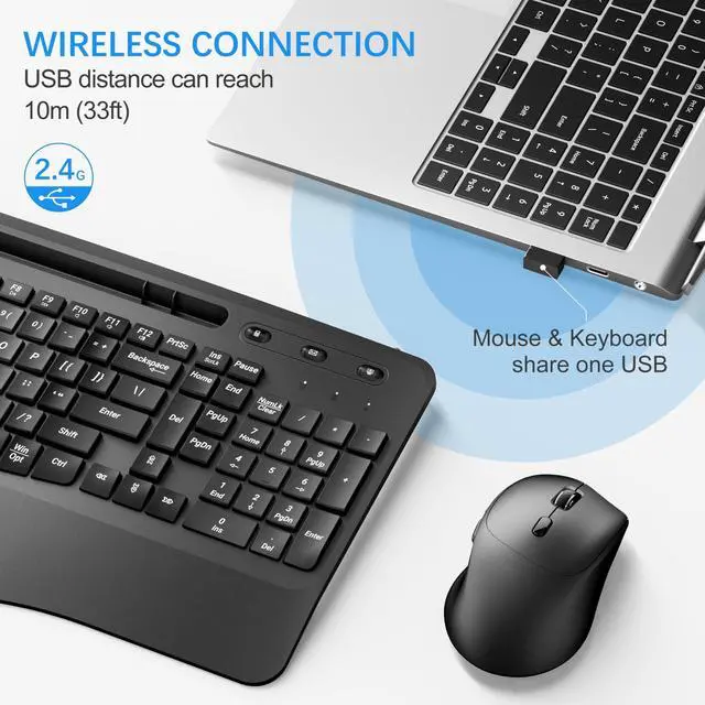 Alt view image 3 of 6 - Wireless Keyboard and Mouse Ergonomic Combo, 2.4G Rechargable Full-Sized Quiet Wave Keyboard Silent Mice Set with Wrist Rest and Phone Holder for Computer, Laptop, PC, Mac, Windows - Black