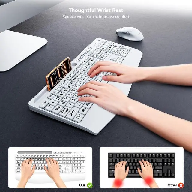 Alt view image 2 of 6 - Large Print Wireless Keyboard, Full Size Cordless Computer Keyboard with Phone Holder, Palm Rest, Ergonomic Tilt Angle, 2.4G Plug-and-Play, Compatible with Tablet/Windows/Laptop/PC, White
