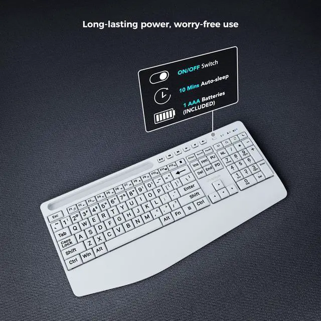 Alt view image 3 of 6 - Large Print Wireless Keyboard, Full Size Cordless Computer Keyboard with Phone Holder, Palm Rest, Ergonomic Tilt Angle, 2.4G Plug-and-Play, Compatible with Tablet/Windows/Laptop/PC, White