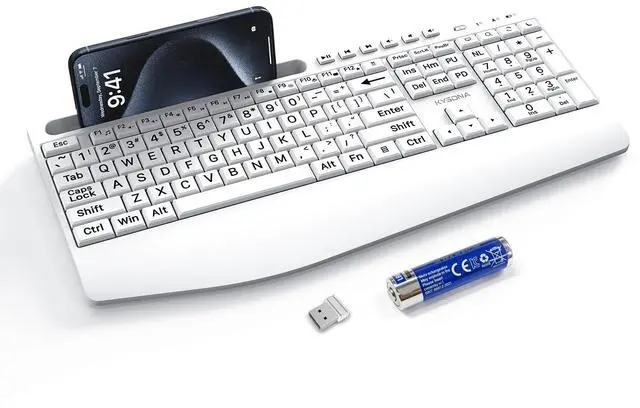 Main image of Large Print Wireless Keyboard, Full Size Cordless Computer Keyboard with Phone Holder, Palm Rest, Ergonomic Tilt Angle, 2.4G Plug-and-Play, Compatible with Tablet/Windows/Laptop/PC, White