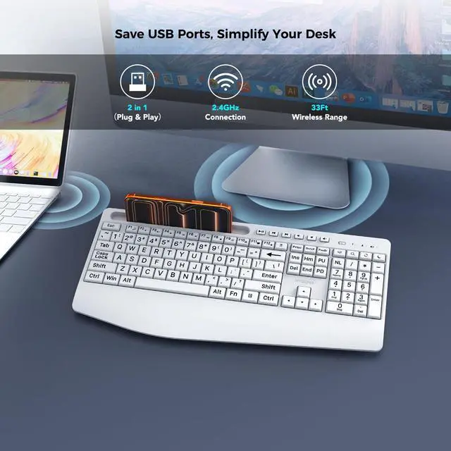 Alt view image 4 of 6 - Large Print Wireless Keyboard, Full Size Cordless Computer Keyboard with Phone Holder, Palm Rest, Ergonomic Tilt Angle, 2.4G Plug-and-Play, Compatible with Tablet/Windows/Laptop/PC, White